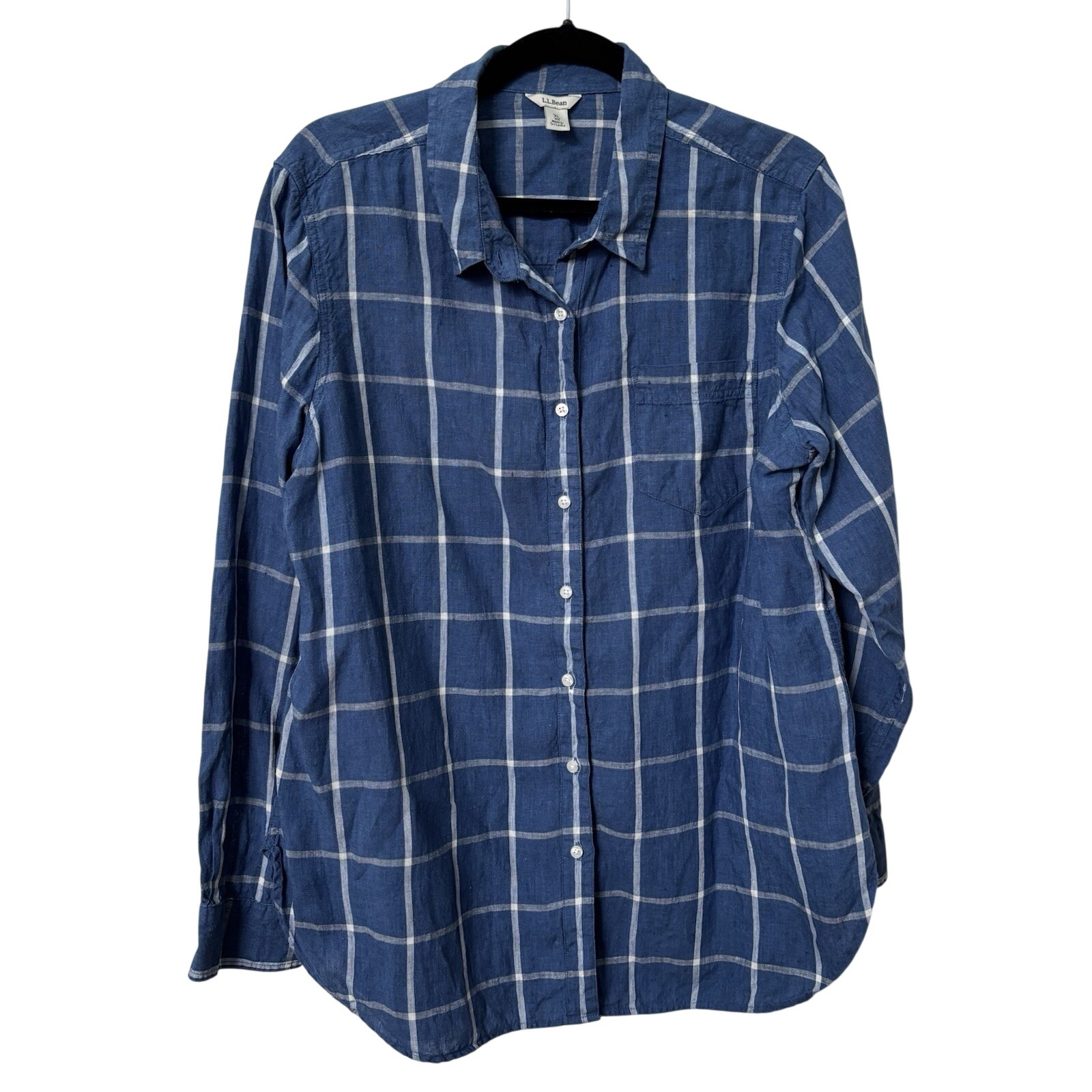 L.L. Bean Linen Shirt Womens Xl Blue Plaid Vacation Resortwear Blue Coastal
